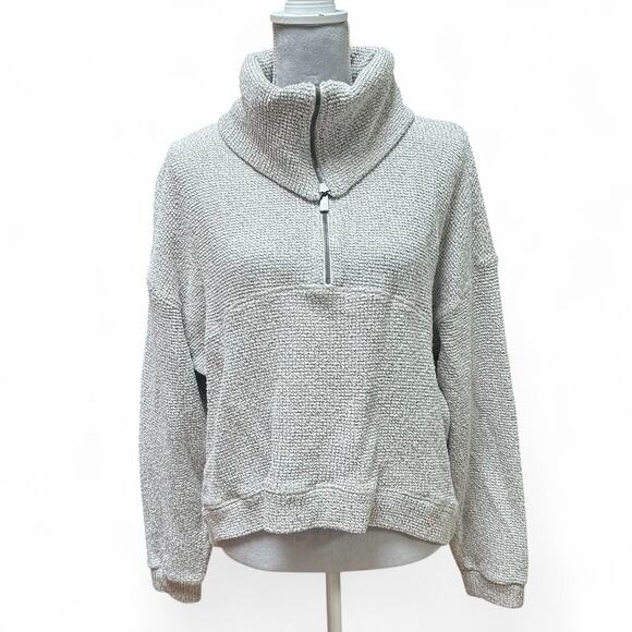 SWEATY BETTY Boucle Gray Cotton Blend Half Zip Funnel Neck Sweater Size L - Picture 1 of 9